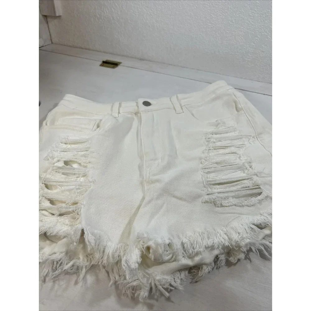 Shein Curve Destroyed High Rise Denim Womens Shorts White Size 1XL New